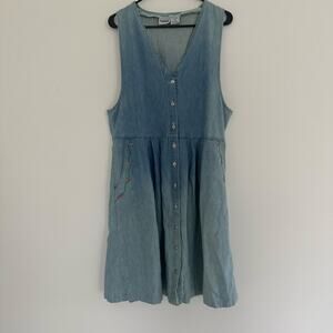 Vintage Button Up Denim Jumper Maxi Dress with Embroidered Flowers Size Medium